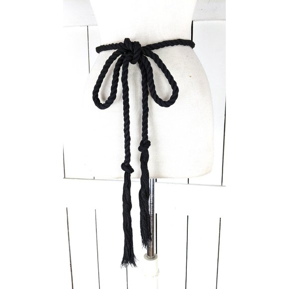 Black long woven braided rope knotted tassel chord tie belt main image 4